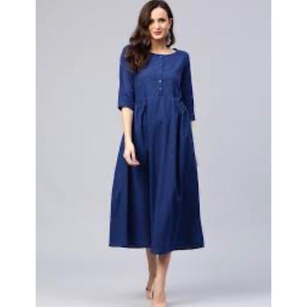 Anokhi Blue Cotton Midi Dress L Pintuck Split Neck Block Print Lining India Boho